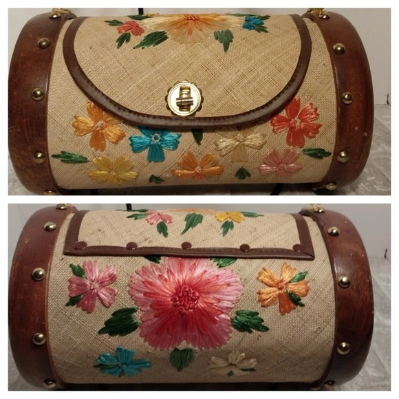 Bags By Whidby Inc. Handbags - Vintage Floral Embroidered Raffia & Wooden Barrel Bag ~ Bags By Whidby Inc.